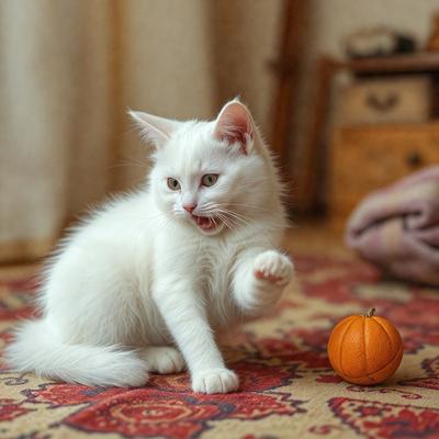 The primary subject of the image is a white kitten sitting on a rug. The setting is indoors, with a wooden table visible in the background. The visual style is a photo, capturing the kitten's playful and curious nature. The dominant colors are white and orange, with the kitten's fur and the orange pumpkin on the rug. The overall atmosphere is warm and inviting, showcasing the kitten's innocence and playfulness.